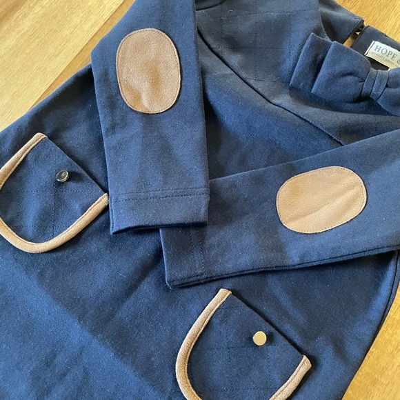 Hope & Henry Navy Long Sleeve Dress with Brown Accents and Elbow Patches - Picture 3 of 4